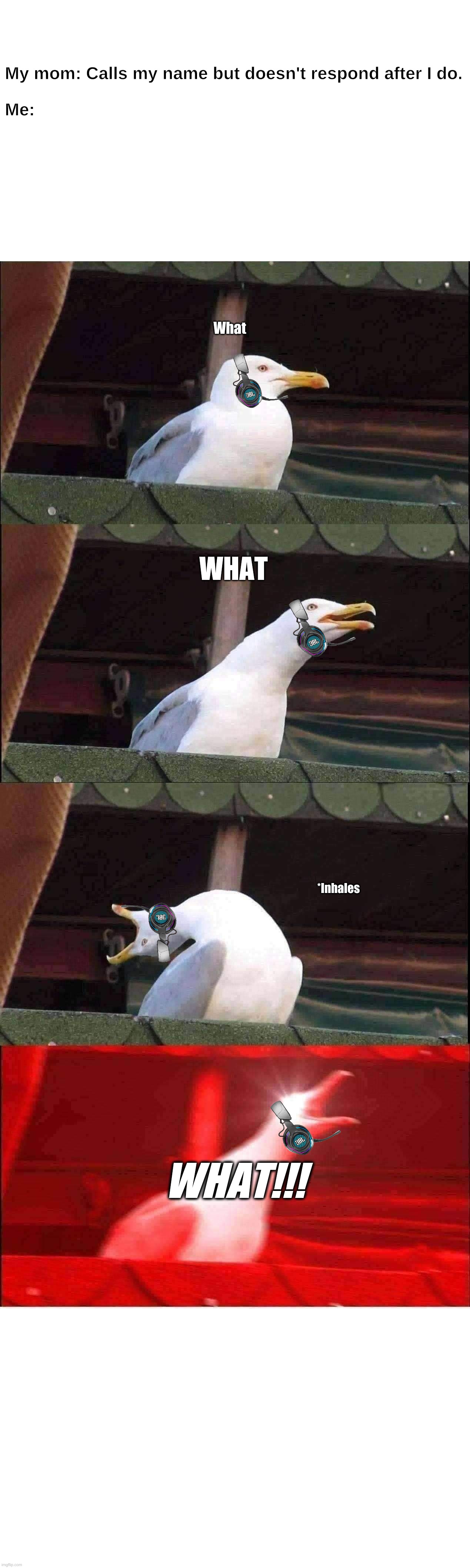 WHAT! | My mom: Calls my name but doesn't respond after I do.
 
Me:; What; WHAT; *Inhales; WHAT!!! | image tagged in memes,inhaling seagull,rage,parents,relatable,gaming | made w/ Imgflip meme maker