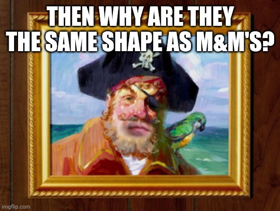 Painty the Pirate | THEN WHY ARE THEY THE SAME SHAPE AS M&M'S? | image tagged in painty the pirate | made w/ Imgflip meme maker