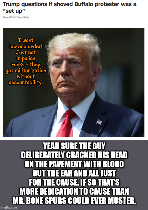 Personal sacrifice is not in this trickster's bag of tricks. | I want law and order! Just not in police ranks - they get militarization without accountability. YEAH SURE THE GUY DELIBERATELY CRACKED HIS HEAD ON THE PAVEMENT WITH BLOOD OUT THE EAR AND ALL JUST FOR THE CAUSE. IF SO THAT'S MORE DEDICATION TO CAUSE THAN MR. BONE SPURS COULD EVER MUSTER. | image tagged in memes,politics | made w/ Imgflip meme maker