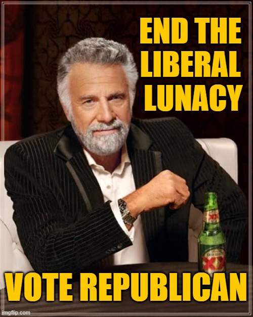 The Most Interesting Man In The World Meme | END THE
LIBERAL  LUNACY VOTE REPUBLICAN | image tagged in memes,the most interesting man in the world | made w/ Imgflip meme maker