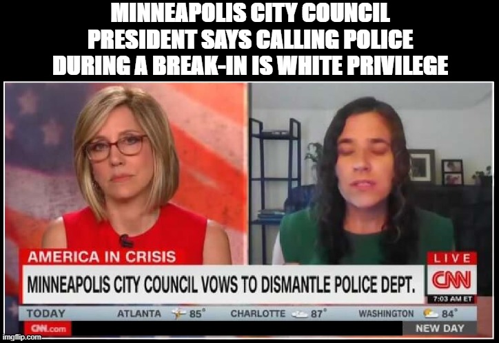 Stuff from the I-Can't-Believe-This-Idiot Said-That Department. | MINNEAPOLIS CITY COUNCIL PRESIDENT SAYS CALLING POLICE DURING A BREAK-IN IS WHITE PRIVILEGE | image tagged in vince vance,minneapolis,minnesota,white privilege,welcome to,the purge | made w/ Imgflip meme maker