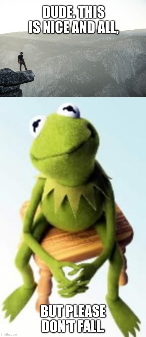 Kermit's concerned, dude... | DUDE. THIS IS NICE AND ALL, BUT PLEASE DON'T FALL. | image tagged in concerned kermit,cliffs,literal cliff hanger | made w/ Imgflip meme maker