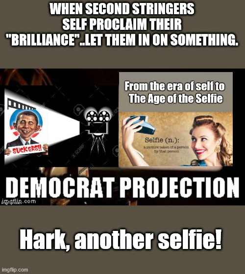 The AGE of the SELFIE - Liberalism's self proclaimed EXPERT...just another selfie | WHEN SECOND STRINGERS SELF PROCLAIM THEIR "BRILLIANCE"..LET THEM IN ON SOMETHING. Hark, another selfie! | image tagged in malignant narcissism,selfie,expert,socialism,election | made w/ Imgflip meme maker