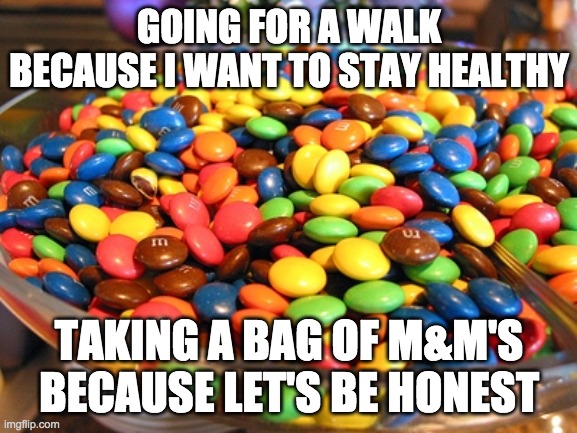 Healthy walks with M&M's | GOING FOR A WALK BECAUSE I WANT TO STAY HEALTHY; TAKING A BAG OF M&M'S BECAUSE LET'S BE HONEST | image tagged in bowl of mms | made w/ Imgflip meme maker