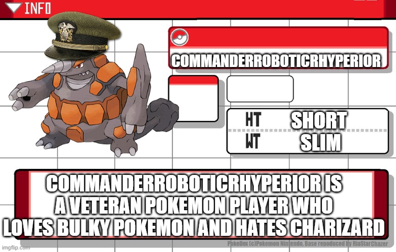 Imgflip username pokedex | COMMANDERROBOTICRHYPERIOR; SHORT 
SLIM; COMMANDERROBOTICRHYPERIOR IS A VETERAN POKEMON PLAYER WHO LOVES BULKY POKEMON AND HATES CHARIZARD | image tagged in imgflip username pokedex,pokemon,funny,imgflip | made w/ Imgflip meme maker