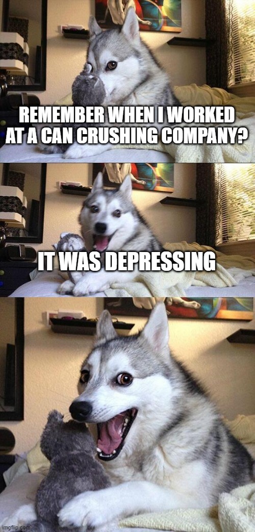 it was depressing | REMEMBER WHEN I WORKED AT A CAN CRUSHING COMPANY? IT WAS DEPRESSING | image tagged in memes,bad pun dog | made w/ Imgflip meme maker