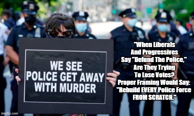  "When Liberals And Progressives Say "Defund The Police," 
Are They Trying To Lose Votes?
Proper Framing Would Say: 
"Rebuild EVERY Police Force 
FROM SCRATCH." | made w/ Imgflip meme maker