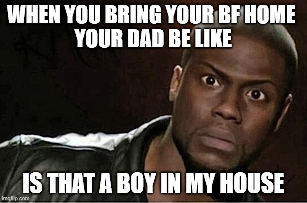 Kevin Hart Meme | WHEN YOU BRING YOUR BF HOME 
YOUR DAD BE LIKE; IS THAT A BOY IN MY HOUSE | image tagged in memes,kevin hart | made w/ Imgflip meme maker