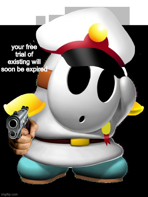 General Shy Guy Paper Mario | your free trial of existing will soon be expired | image tagged in general shy guy paper mario | made w/ Imgflip meme maker