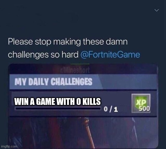 fortnite | WIN A GAME WITH 0 KILLS | image tagged in fortnite challenge | made w/ Imgflip meme maker