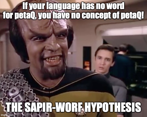 Sapir-Worf | If your language has no word for petaQ, you have no concept of petaQ! THE SAPIR-WORF HYPOTHESIS | image tagged in linguistics,star trek,star trek the next generation,psychology,anthro,klingon | made w/ Imgflip meme maker