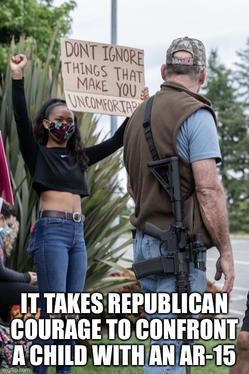 Republican Courage | IT TAKES REPUBLICAN COURAGE TO CONFRONT A CHILD WITH AN AR-15 | image tagged in first world problems | made w/ Imgflip meme maker