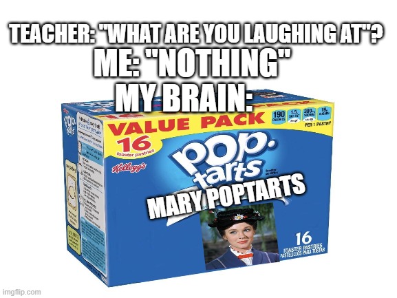 TEACHER: "WHAT ARE YOU LAUGHING AT"? ME: "NOTHING"; MY BRAIN:; MARY POPTARTS | image tagged in pop tarts | made w/ Imgflip meme maker