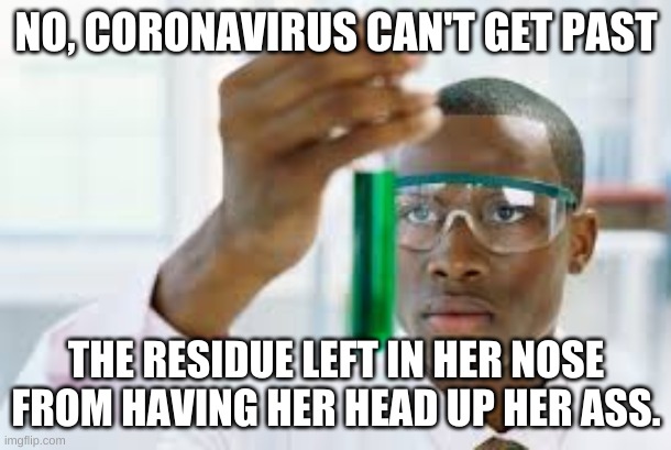 FINALLY | NO, CORONAVIRUS CAN'T GET PAST THE RESIDUE LEFT IN HER NOSE FROM HAVING HER HEAD UP HER ASS. | image tagged in finally | made w/ Imgflip meme maker