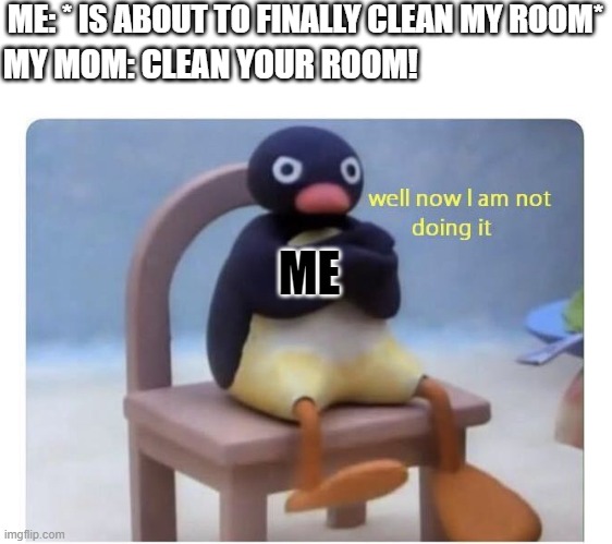well now I am not doing it | ME: * IS ABOUT TO FINALLY CLEAN MY ROOM*; MY MOM: CLEAN YOUR ROOM! ME | image tagged in well now i am not doing it | made w/ Imgflip meme maker