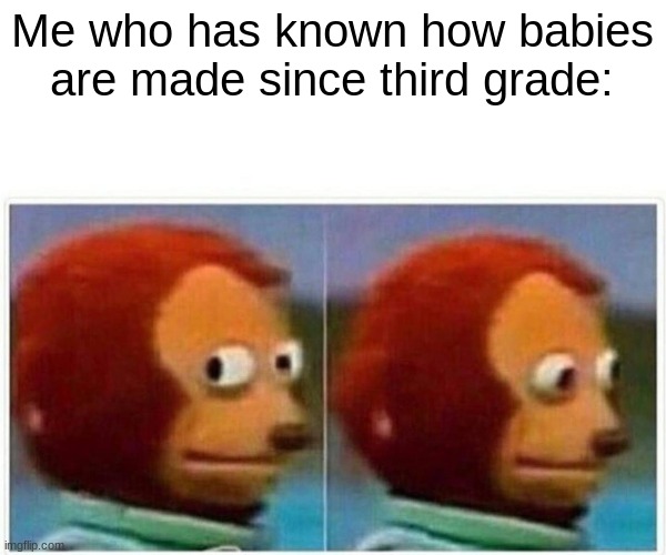 Monkey Puppet Meme | Me who has known how babies are made since third grade: | image tagged in memes,monkey puppet | made w/ Imgflip meme maker