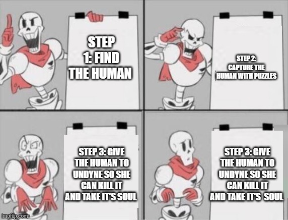 Papyrus's diabolical plan to capture a human | STEP 2: CAPTURE THE HUMAN WITH PUZZLES; STEP 1: FIND THE HUMAN; STEP 3: GIVE THE HUMAN TO UNDYNE SO SHE CAN KILL IT AND TAKE IT'S SOUL; STEP 3: GIVE THE HUMAN TO UNDYNE SO SHE CAN KILL IT AND TAKE IT'S  SOUL | image tagged in papyrus plan | made w/ Imgflip meme maker