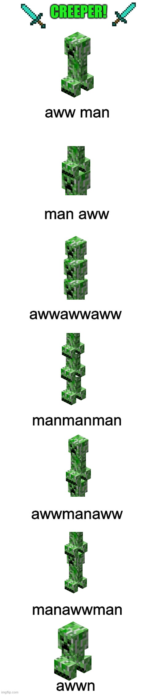 CREEPER! aww man; man aww; awwawwaww; manmanman; awwmanaww; manawwman; awwn | image tagged in blank white template | made w/ Imgflip meme maker