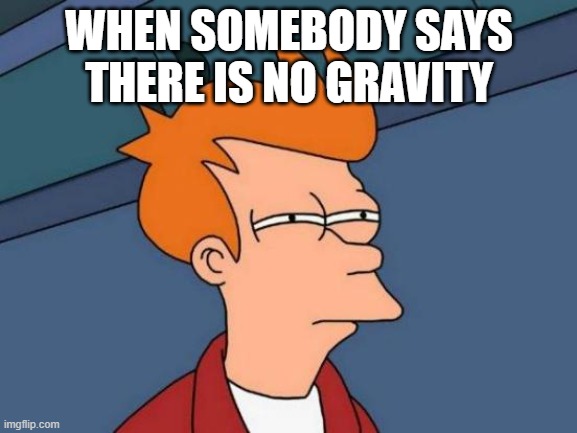 Science Meme | WHEN SOMEBODY SAYS THERE IS NO GRAVITY | image tagged in memes,futurama fry,science | made w/ Imgflip meme maker