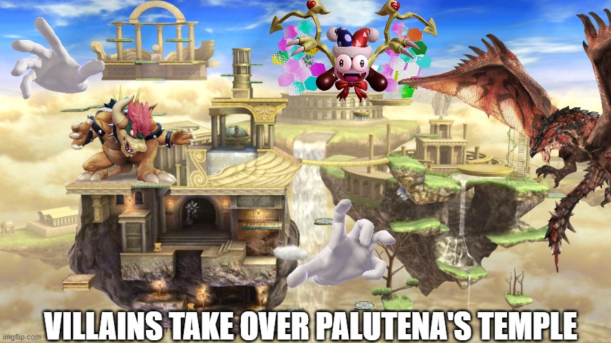 God dang it..... | VILLAINS TAKE OVER PALUTENA'S TEMPLE | image tagged in super smash bros,villains | made w/ Imgflip meme maker