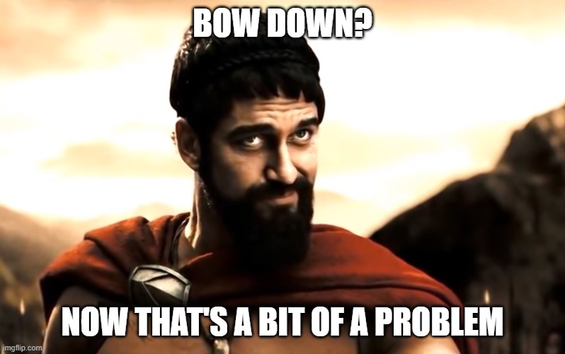 300 bow down? | BOW DOWN? NOW THAT'S A BIT OF A PROBLEM | image tagged in leonidas 300 | made w/ Imgflip meme maker