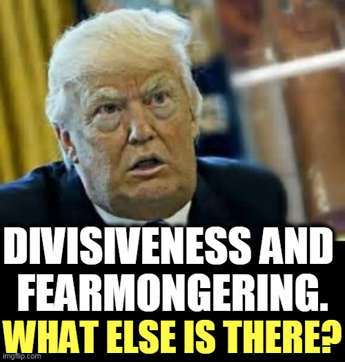 The Trump Reelection Playbook Revealed. | DIVISIVENESS AND 
FEARMONGERING. WHAT ELSE IS THERE? | image tagged in trump,division,fear,bankruptcy | made w/ Imgflip meme maker