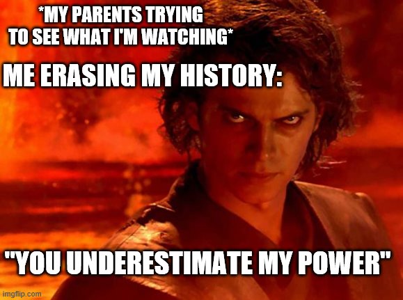 You Underestimate My Power | *MY PARENTS TRYING TO SEE WHAT I'M WATCHING*; ME ERASING MY HISTORY:; "YOU UNDERESTIMATE MY POWER" | image tagged in memes,you underestimate my power | made w/ Imgflip meme maker