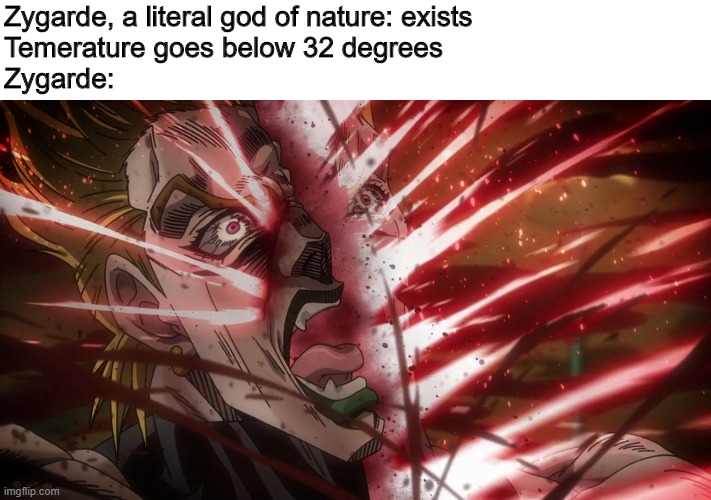 lol 4x ice weakness funny | Zygarde, a literal god of nature: exists
Temerature goes below 32 degrees
Zygarde: | image tagged in dio explodes | made w/ Imgflip meme maker