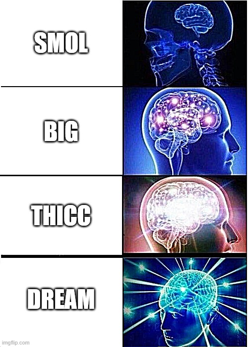 The brains of gamers | SMOL; BIG; THICC; DREAM | image tagged in memes,expanding brain | made w/ Imgflip meme maker