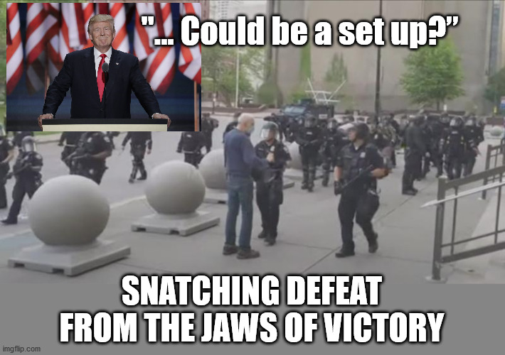 Could someone PLEASE take his phone away for 2 weeks?? | "... Could be a set up?”; SNATCHING DEFEAT FROM THE JAWS OF VICTORY | image tagged in donald trump | made w/ Imgflip meme maker