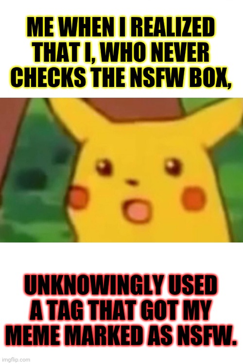 Heads-up memers. | ME WHEN I REALIZED THAT I, WHO NEVER CHECKS THE NSFW BOX, UNKNOWINGLY USED A TAG THAT GOT MY MEME MARKED AS NSFW. | image tagged in memes,surprised pikachu,meme making | made w/ Imgflip meme maker