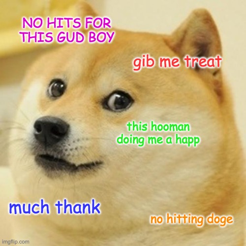 Doge Meme | NO HITS FOR THIS GUD BOY gib me treat this hooman doing me a happ much thank no hitting doge | image tagged in memes,doge | made w/ Imgflip meme maker