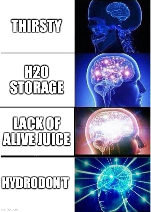 Big brain ways for thirsty | THIRSTY; H20 STORAGE; LACK OF ALIVE JUICE; HYDRODON’T | image tagged in memes,expanding brain | made w/ Imgflip meme maker