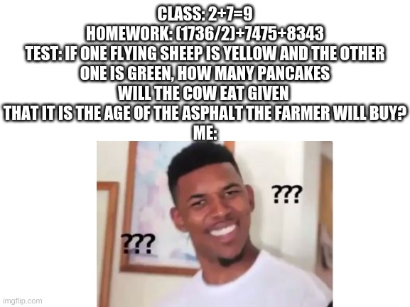 CLASS: 2+7=9

HOMEWORK: (1736/2)+7475+8343

TEST: IF ONE FLYING SHEEP IS YELLOW AND THE OTHER
 ONE IS GREEN, HOW MANY PANCAKES 
WILL THE COW EAT GIVEN 
THAT IT IS THE AGE OF THE ASPHALT THE FARMER WILL BUY?
ME: | image tagged in blank white template,nick young,confused black guy | made w/ Imgflip meme maker