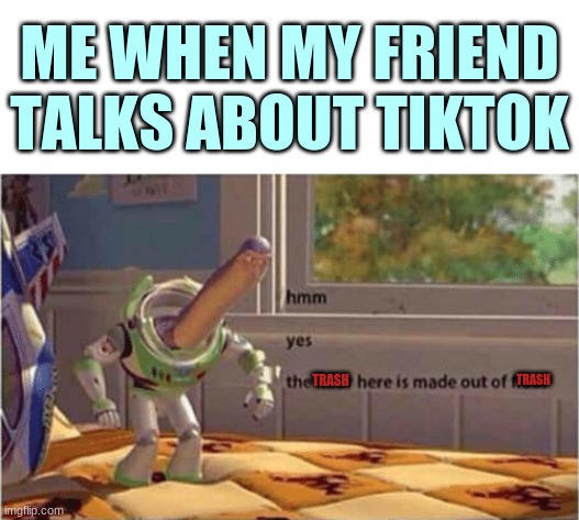 TikTok is TRASH | ME WHEN MY FRIEND TALKS ABOUT TIKTOK; TRASH; TRASH | image tagged in hmm yes the floor here is made out of floor,ant tiktok,oh wow are you actually reading these tags | made w/ Imgflip meme maker