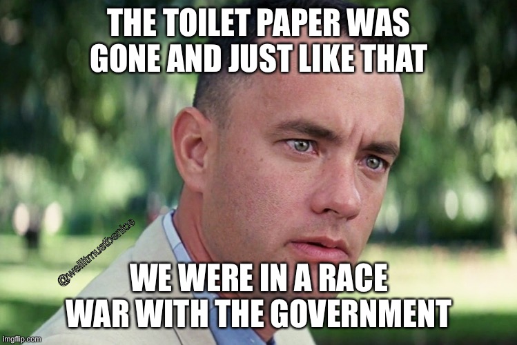 Race war | THE TOILET PAPER WAS GONE AND JUST LIKE THAT; @wellitmustbenice; WE WERE IN A RACE WAR WITH THE GOVERNMENT | image tagged in memes,and just like that,toilet paper,race,war | made w/ Imgflip meme maker