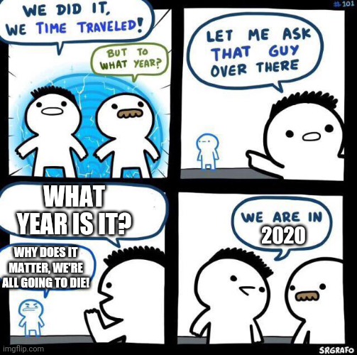 We did it we time traveled | WHAT YEAR IS IT? WHY DOES IT MATTER, WE'RE ALL GOING TO DIE! 2020 | image tagged in we did it we time traveled | made w/ Imgflip meme maker