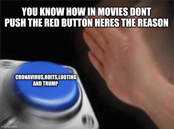 like  the movie said don't push the blue button | YOU KNOW HOW IN MOVIES DONT PUSH THE RED BUTTON HERES THE REASON; CRONAVIRUS,ROITS,LOOTING AND TRUMP | image tagged in memes,blank nut button | made w/ Imgflip meme maker