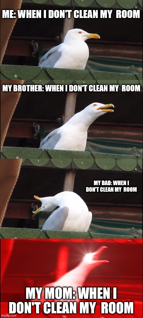 Inhaling Seagull | ME: WHEN I DON'T CLEAN MY  ROOM; MY BROTHER: WHEN I DON'T CLEAN MY  ROOM; MY DAD: WHEN I DON'T CLEAN MY  ROOM; MY MOM: WHEN I DON'T CLEAN MY  ROOM | image tagged in memes,inhaling seagull | made w/ Imgflip meme maker
