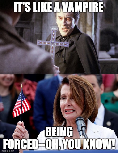 Nancy Pelosi...oh, you know. | IT'S LIKE A VAMPIRE; BEING FORCED--OH, YOU KNOW! | image tagged in nancy pelosi | made w/ Imgflip meme maker