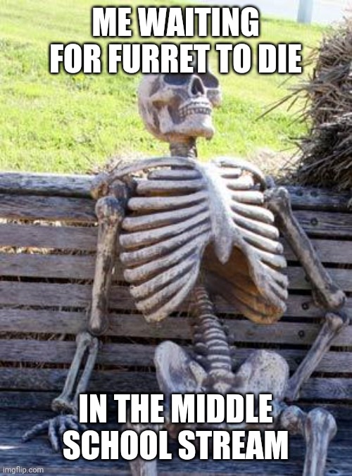 Waiting Skeleton | ME WAITING FOR FURRET TO DIE; IN THE MIDDLE SCHOOL STREAM | image tagged in memes,waiting skeleton | made w/ Imgflip meme maker