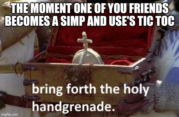 Bring forth the holy hand grenade | THE MOMENT ONE OF YOU FRIENDS BECOMES A SIMP AND USE'S TIC TOC | image tagged in bring forth the holy hand grenade | made w/ Imgflip meme maker