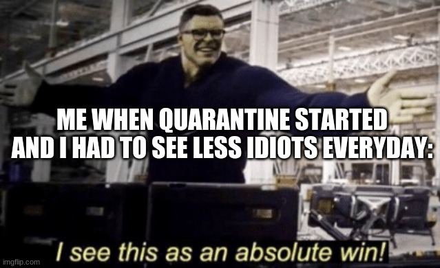 I WIN! | ME WHEN QUARANTINE STARTED AND I HAD TO SEE LESS IDIOTS EVERYDAY: | image tagged in i see this as an absolute win | made w/ Imgflip meme maker