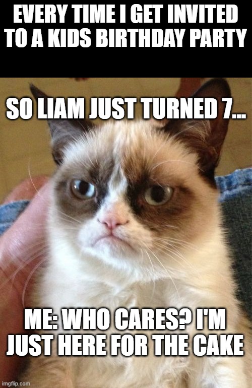 Grumpy Cat Meme |  EVERY TIME I GET INVITED TO A KIDS BIRTHDAY PARTY; SO LIAM JUST TURNED 7... ME: WHO CARES? I'M JUST HERE FOR THE CAKE | image tagged in memes,grumpy cat | made w/ Imgflip meme maker