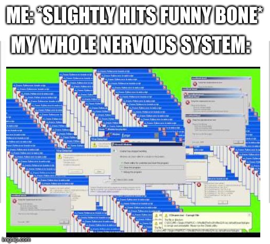 ; | ME: *SLIGHTLY HITS FUNNY BONE*; MY WHOLE NERVOUS SYSTEM: | image tagged in white background,memes | made w/ Imgflip meme maker