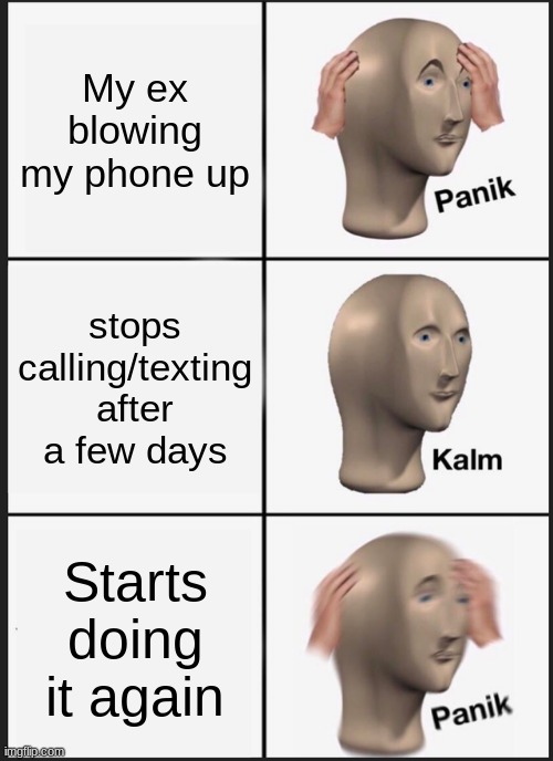 Panik Kalm Panik | My ex blowing my phone up; stops calling/texting after a few days; Starts doing it again | image tagged in memes,panik kalm panik | made w/ Imgflip meme maker