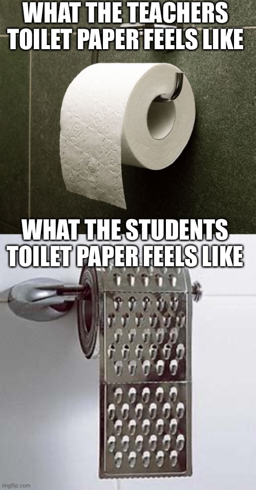 WHAT THE TEACHERS TOILET PAPER FEELS LIKE; WHAT THE STUDENTS TOILET PAPER FEELS LIKE | image tagged in toilet paper,teachers,students,school bathroom,cheese grater,bathroom | made w/ Imgflip meme maker