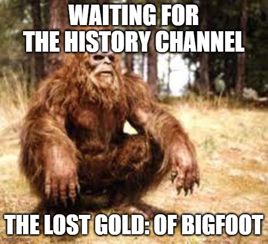 bigfoot | WAITING FOR THE HISTORY CHANNEL; THE LOST GOLD: OF BIGFOOT | image tagged in bigfoot | made w/ Imgflip meme maker