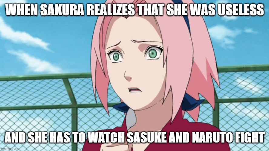 sakura haruno | WHEN SAKURA REALIZES THAT SHE WAS USELESS; AND SHE HAS TO WATCH SASUKE AND NARUTO FIGHT | image tagged in sakura haruno | made w/ Imgflip meme maker