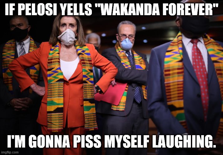Wakanda Forever | IF PELOSI YELLS "WAKANDA FOREVER"; I'M GONNA PISS MYSELF LAUGHING. | image tagged in nancy pelosi,africa,wakanda,democrats | made w/ Imgflip meme maker